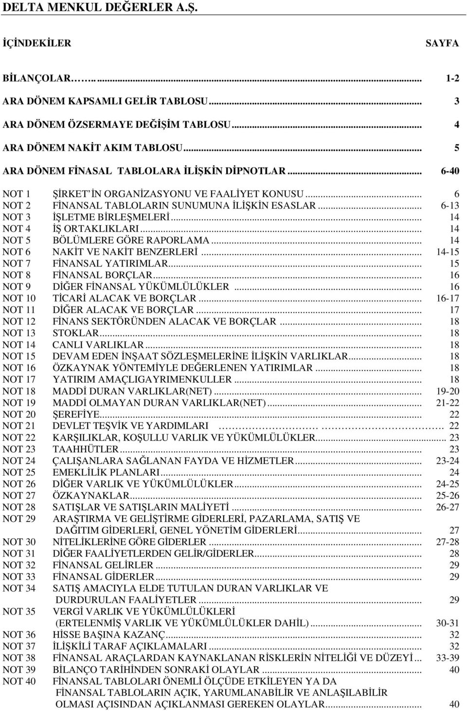 .. 14 NOT 6 NAKT VE NAKT BENZERLER... 14-15 NOT 7 FNANSAL YATIRIMLAR... 15 NOT 8 FNANSAL BORÇLAR... 16 NOT 9 DER FNANSAL YÜKÜMLÜLÜKLER... 16 NOT 10 TCAR ALACAK VE BORÇLAR.