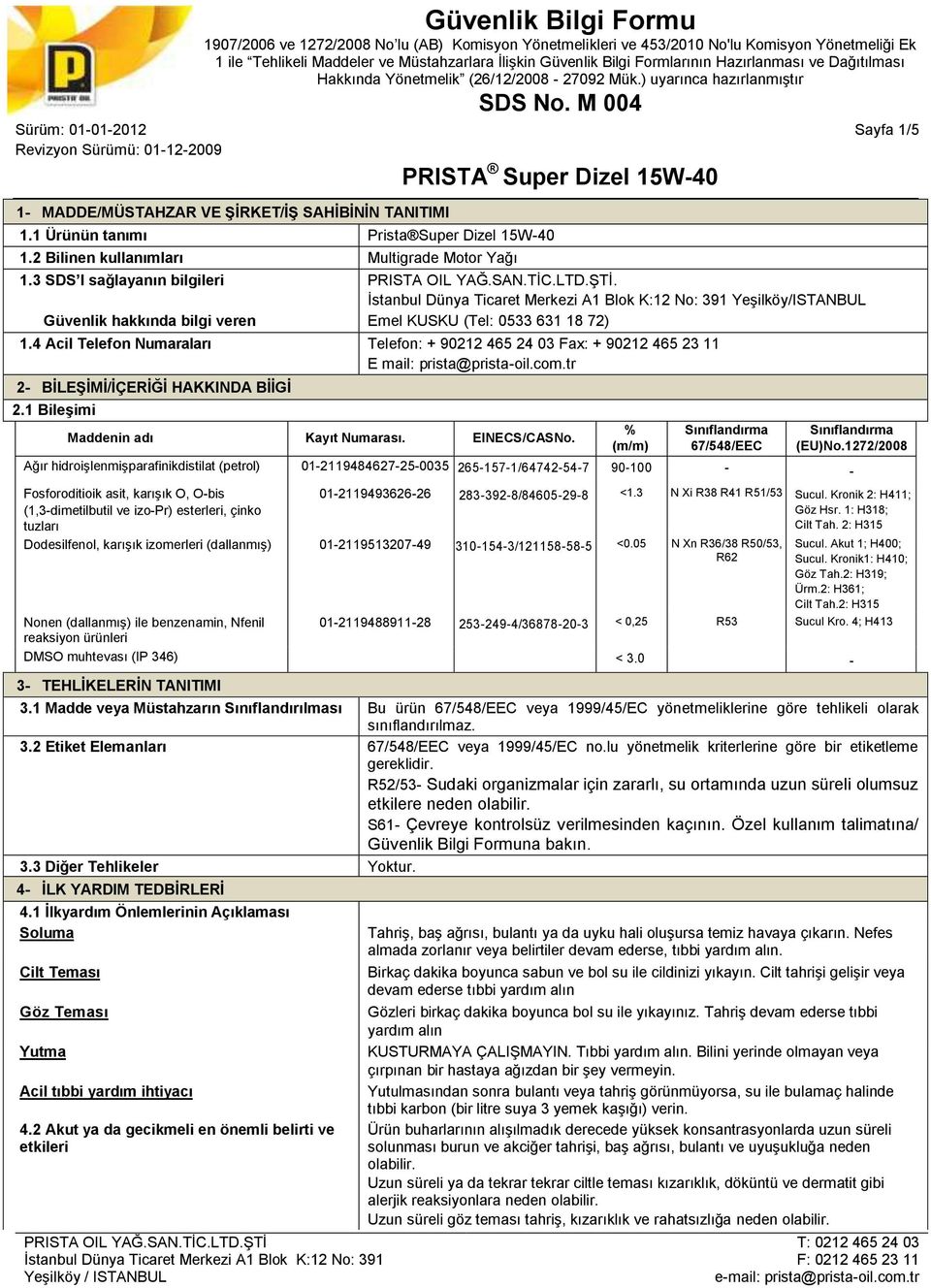 4 Acil Telefon Numaraları Telefon: + 90212 465 24 03 Fax: + 90212 465 23 11 E mail: prista@prista-oil.com.tr 2- BİLEŞİMİ/İÇERİĞİ HAKKINDA BİİGİ 2.1 Bileşimi Maddenin adı Kayıt Numarası. EINECS/CASNo.