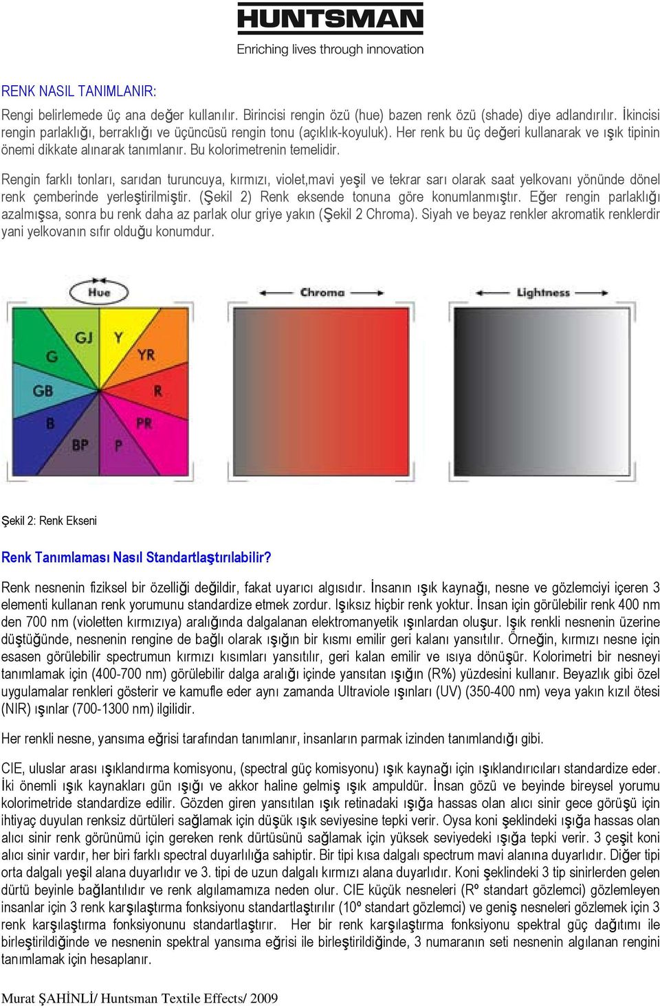 Rengin farklı tonları, sarıdan turuncuya, kırmızı, violet,mavi yeşil ve tekrar sarı olarak saat yelkovanı yönünde dönel renk çemberinde yerleştirilmiştir.