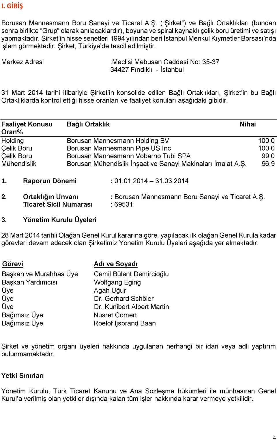 Merkez Adresi :Meclisi Mebusan Caddesi No: 35-37 34427 Fındıklı - İstanbul 31 Mart 2014 tarihi itibariyle Şirket in konsolide edilen Bağlı Ortaklıkları, Şirket in bu Bağlı Ortaklıklarda kontrol