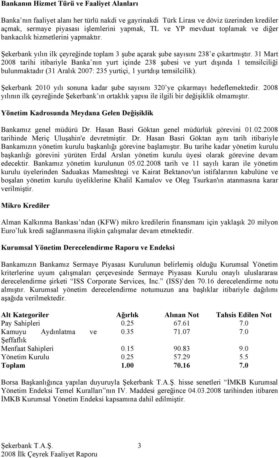 31 Mart 2008 tarihi itibariyle Banka nın yurt içinde 238 şubesi ve yurt dışında 1 temsilciliği bulunmaktadır (31 Aralık 2007: 235 yurtiçi, 1 yurtdışı temsilcilik).