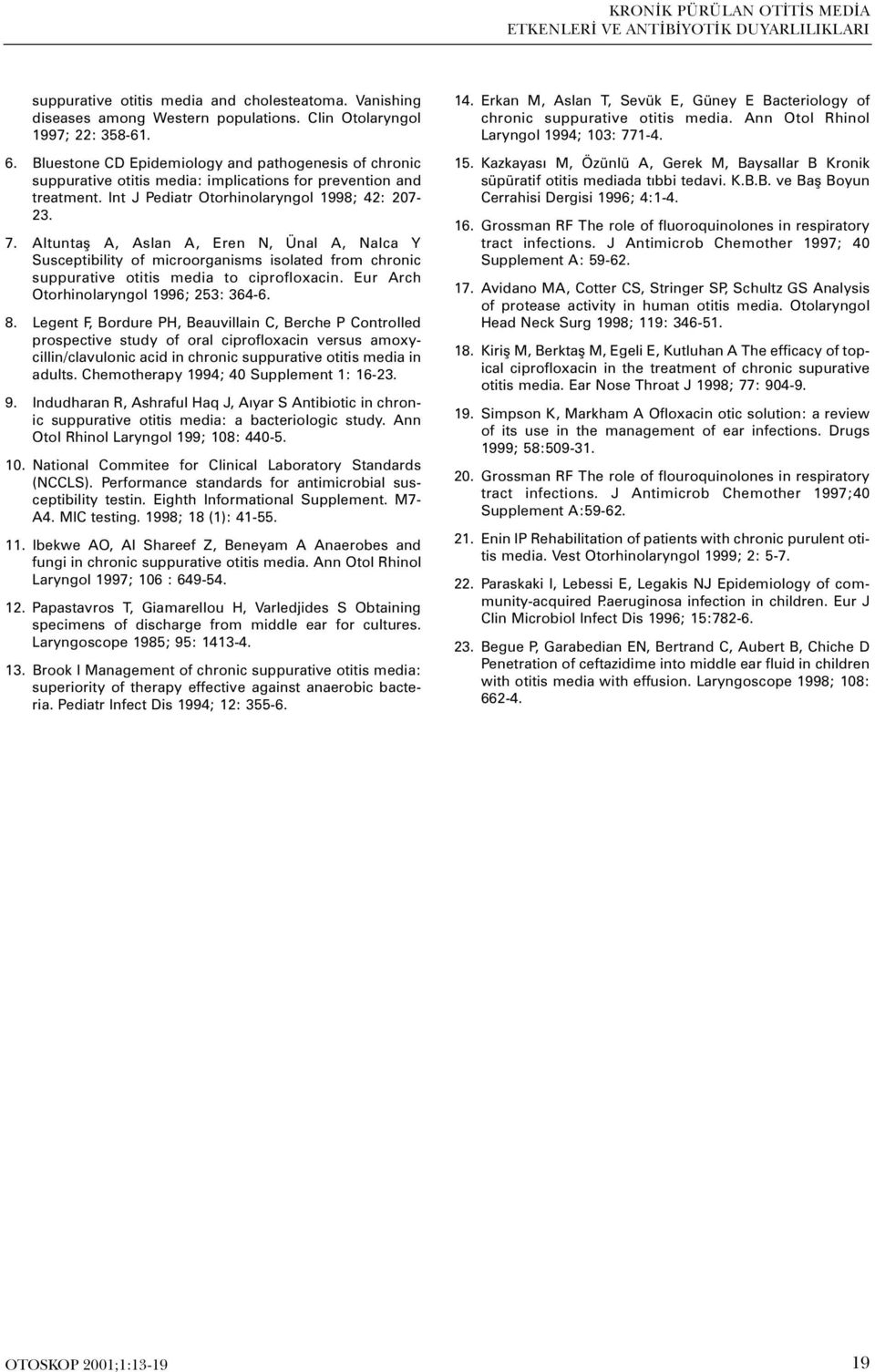 Altuntaþ A, Aslan A, Eren N, Ünal A, Nalca Y Susceptibility of microorganisms isolated from chronic suppurative otitis media to ciprofloxacin. Eur Arch Otorhinolaryngol 1996; 253: 364-6. 8.