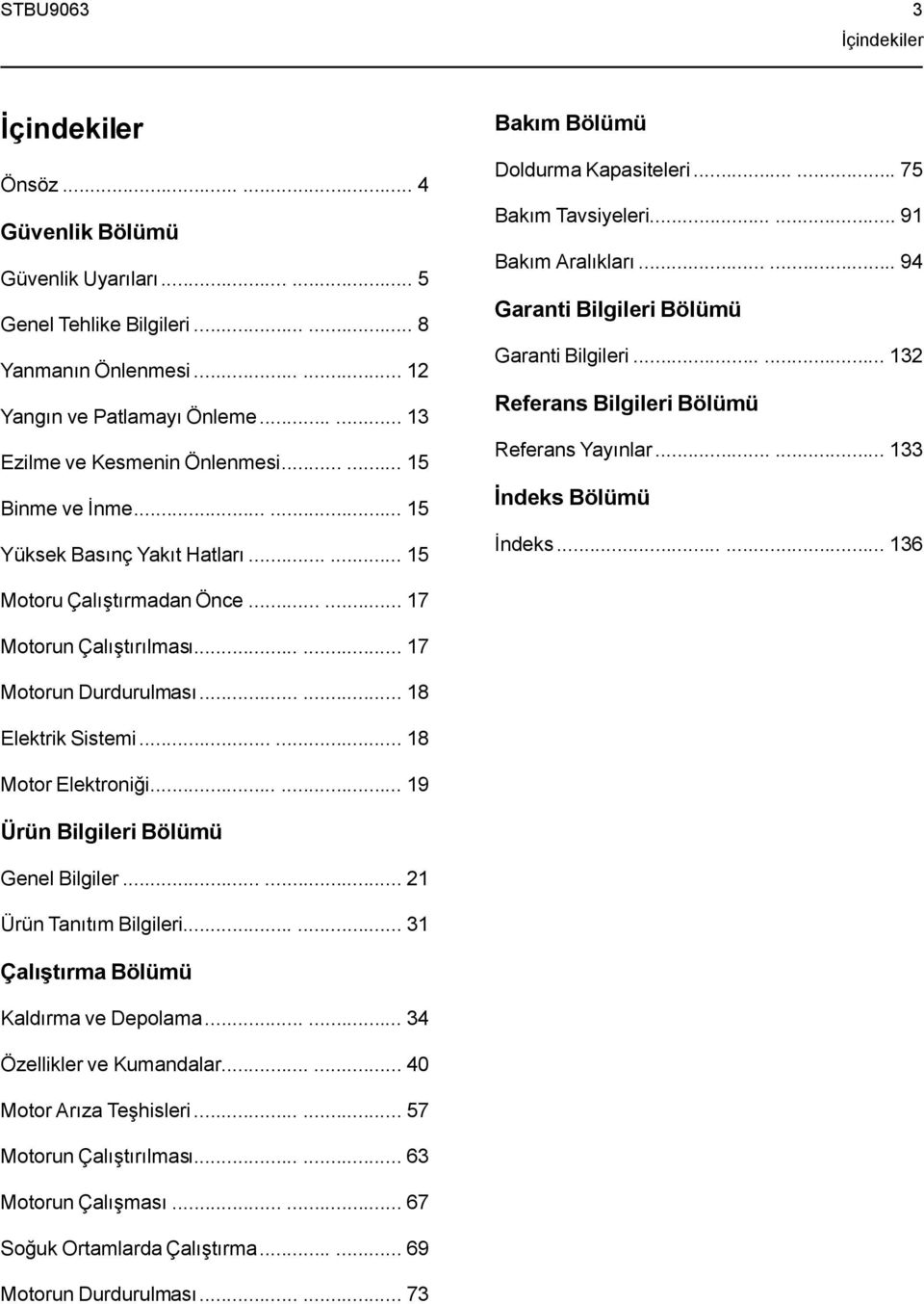 ..... 94 Garanti Bilgileri Bölümü Garanti Bilgileri...... 132 Referans Bilgileri Bölümü Referans Yayınlar...... 133 İndeks Bölümü İndeks...... 136 Motoru Çalıştırmadan Önce...... 17 Motorun Çalıştırılması.