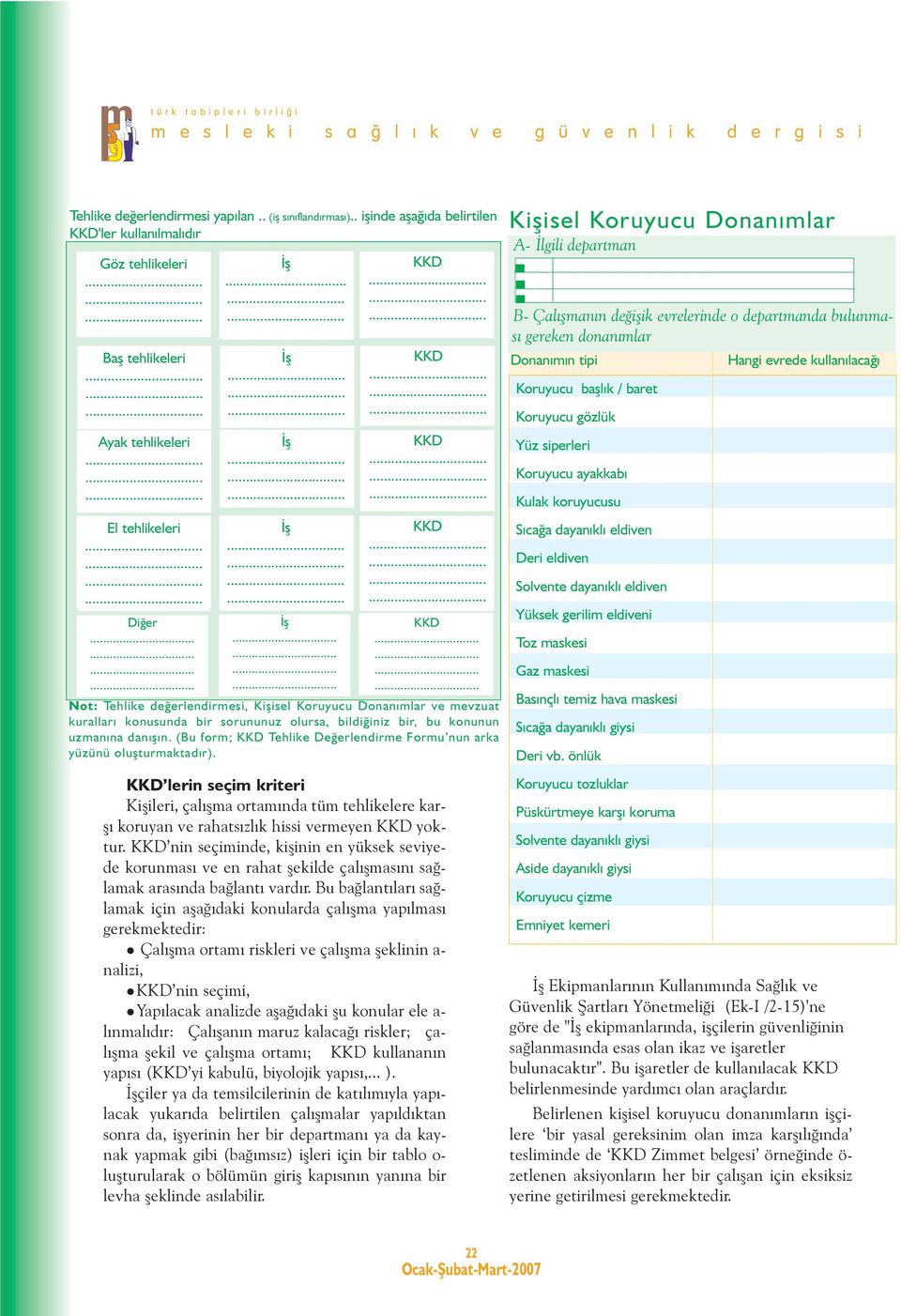 (Bu form; Tehlike Deðerlendirme Formu nun arka yüzünü oluþturmaktadýr). lerin seçim kriteri Kiþileri, çalýþma ortamýnda tüm tehlikelere karþý koruyan ve rahatsýzlýk hissi vermeyen yoktur.