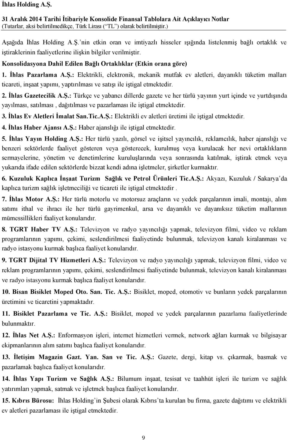 : Elektrikli, elektronik, mekanik mutfak ev aletleri, dayanıklı tüketim malları ticareti, inşaat yapımı, yaptırılması ve satışı ile iştigal etmektedir. 2. İhlas Gazetecilik A.Ş.