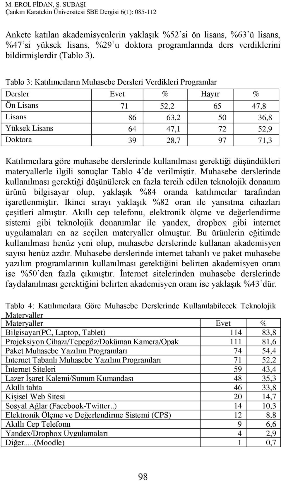 Katılımcılara göre muhasebe derslerinde kullanılması gerektiği düşündükleri materyallerle ilgili sonuçlar Tablo 4 de verilmiştir.