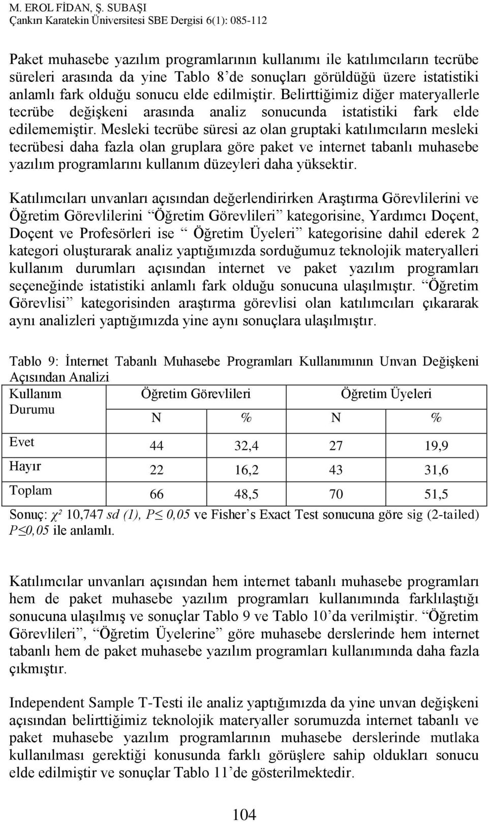 Mesleki tecrübe süresi az olan gruptaki katılımcıların mesleki tecrübesi daha fazla olan gruplara göre paket ve internet tabanlı muhasebe yazılım programlarını kullanım düzeyleri daha yüksektir.