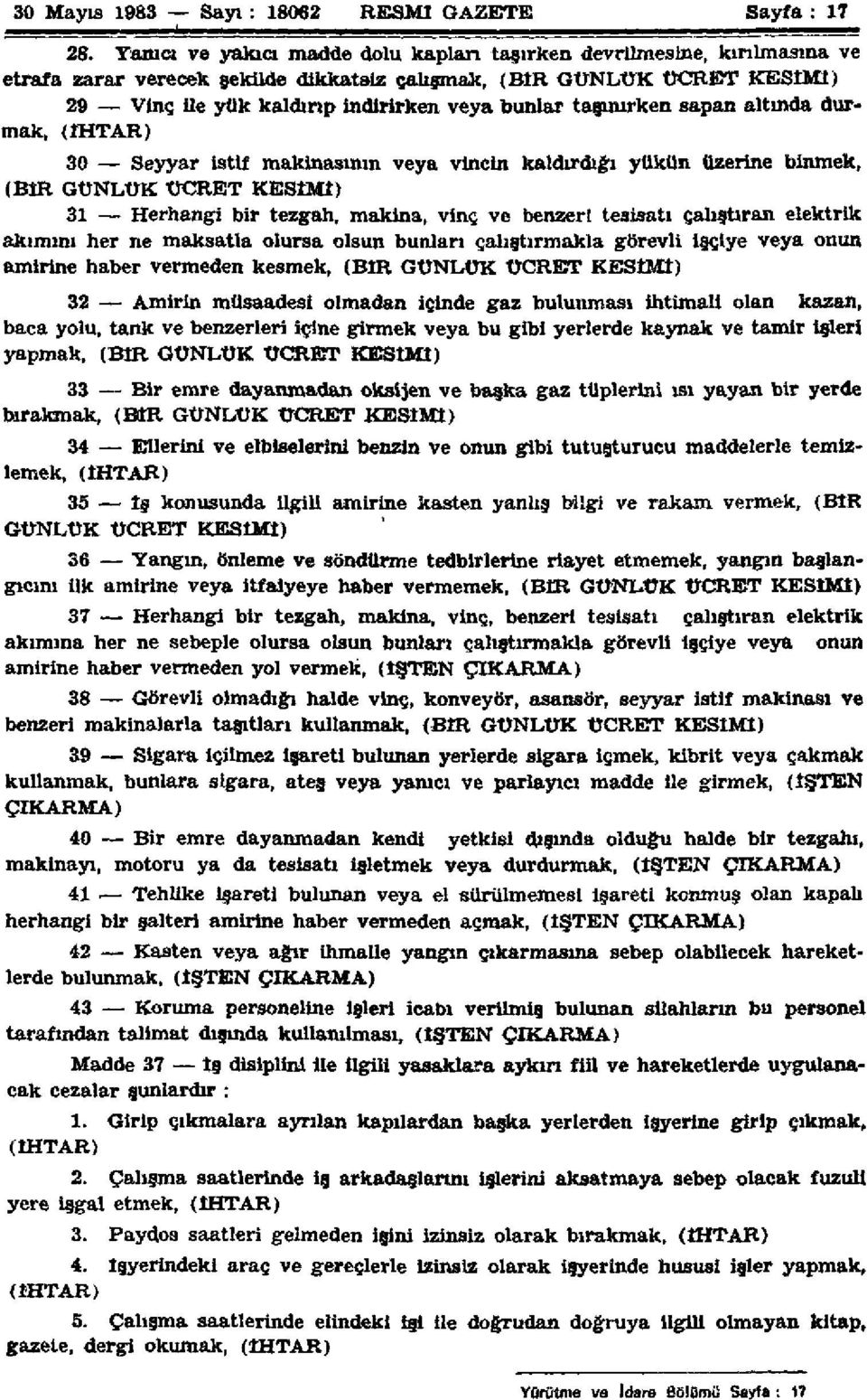 taşınırken sapan altında durmak, (İHTAR) 30 Seyyar istif makinasının veya vincin kaldırdığı yükün üzerine binmek, (BİR GÜNLÜK ÜCRET KESİMİ) 31 Herhangi bir tezgah, makina, vinç ve benzeri tesisatı