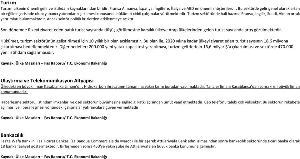 Turizm sektöründe hali hazırda Fransız, İngiliz, Suudi, Alman ortak yatırımları bulunmaktadır. Ancak sektör politik krizlerden etkilenmeye açıktır.