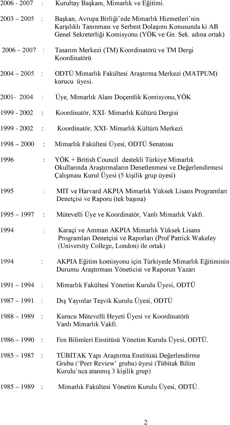 eterliği Komisyonu (YÖK ve Gn. Sek. adına ortak) 2006 2007 : Tasarım Merkezi (TM) Koordinatörü ve TM Dergi Koordinatörü 2004 2005 : ODTÜ Mimarlık Fakültesi Araştırma Merkezi (MATPUM) kurucu üyesi.