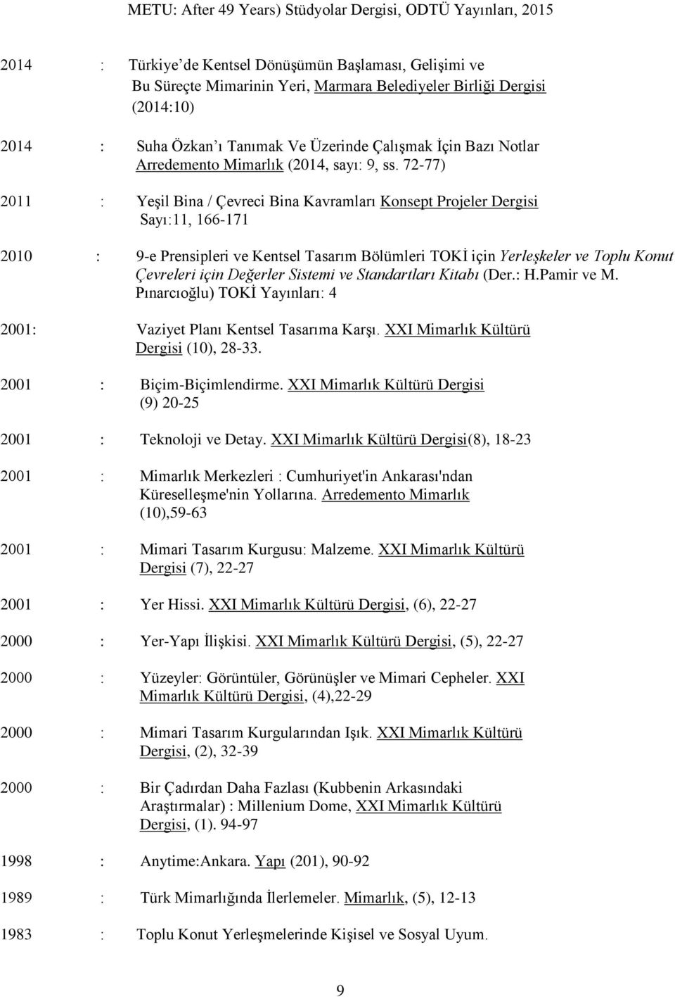 72-77) 2011 : Yeşil Bina / Çevreci Bina Kavramları Konsept Projeler Dergisi Sayı:11, 166-171 2010 : 9-e Prensipleri ve Kentsel Tasarım Bölümleri TOKİ için Yerleşkeler ve Toplu Konut Çevreleri için