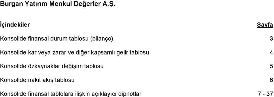 kar veya zarar ve diğer kapsamlı gelir tablosu 4 Konsolide özkaynaklar