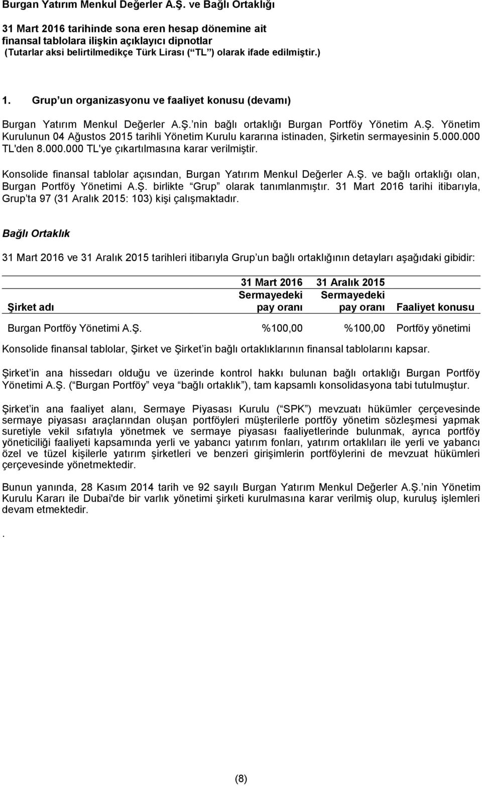 Konsolide finansal tablolar açısından, Burgan Yatırım Menkul Değerler A.Ş. ve bağlı ortaklığı olan, Burgan Portföy Yönetimi A.Ş. birlikte Grup olarak tanımlanmıştır.