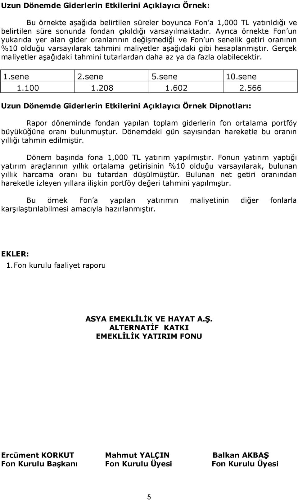 Gerçek maliyetler aşağıdaki tahmini tutarlardan daha az ya da fazla olabilecektir. 1.sene 2.sene 5.sene 10.sene 1.100 1.208 1.602 2.