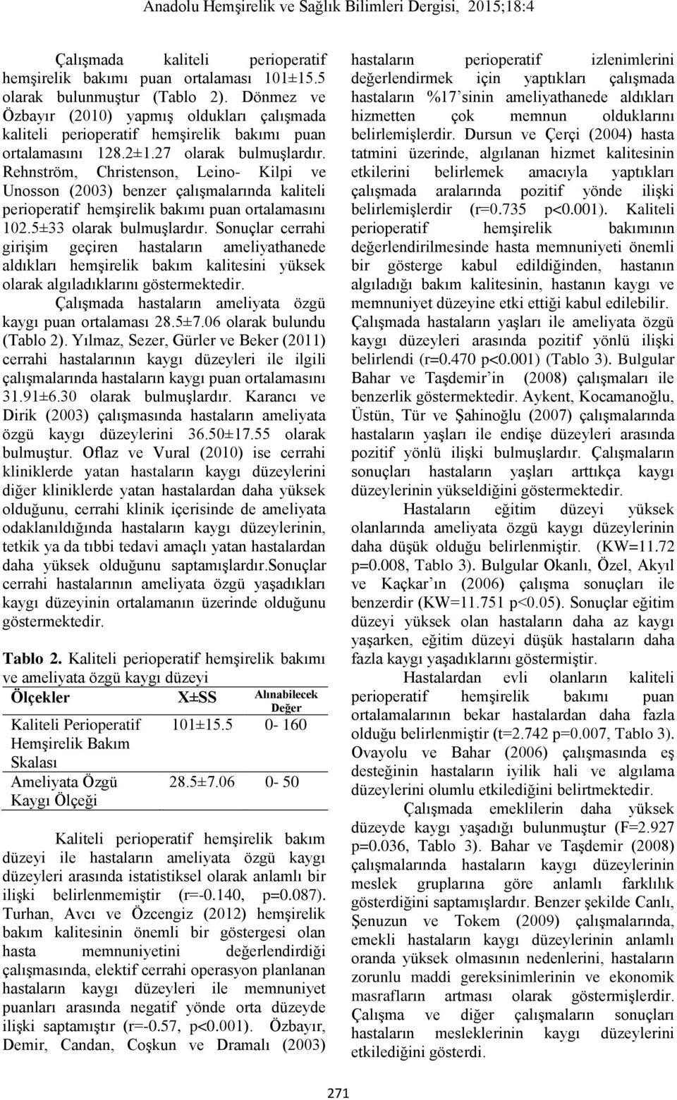 Rehnström, Christenson, Leino- Kilpi ve Unosson (2003) benzer çalışmalarında kaliteli perioperatif hemşirelik bakımı puan ortalamasını 102.5±33 olarak bulmuşlardır.