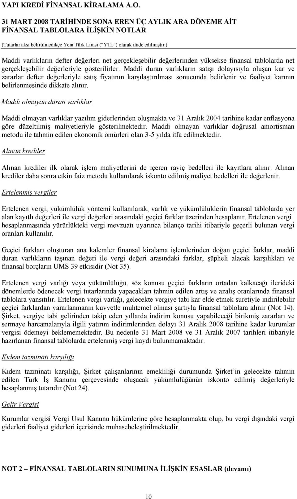 Maddi olmayan duran varlıklar Maddi olmayan varlıklar yazılım giderlerinden oluşmakta ve 31 Aralık 2004 tarihine kadar enflasyona göre düzeltilmiş maliyetleriyle gösterilmektedir.