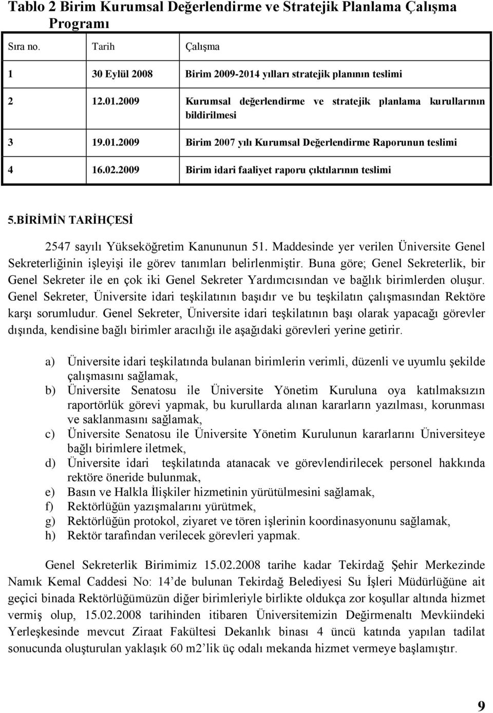 2009 Birim idari faaliyet raporu çıktılarının teslimi 5.BİRİMİN TARİHÇESİ 2547 sayılı Yükseköğretim Kanununun 51.