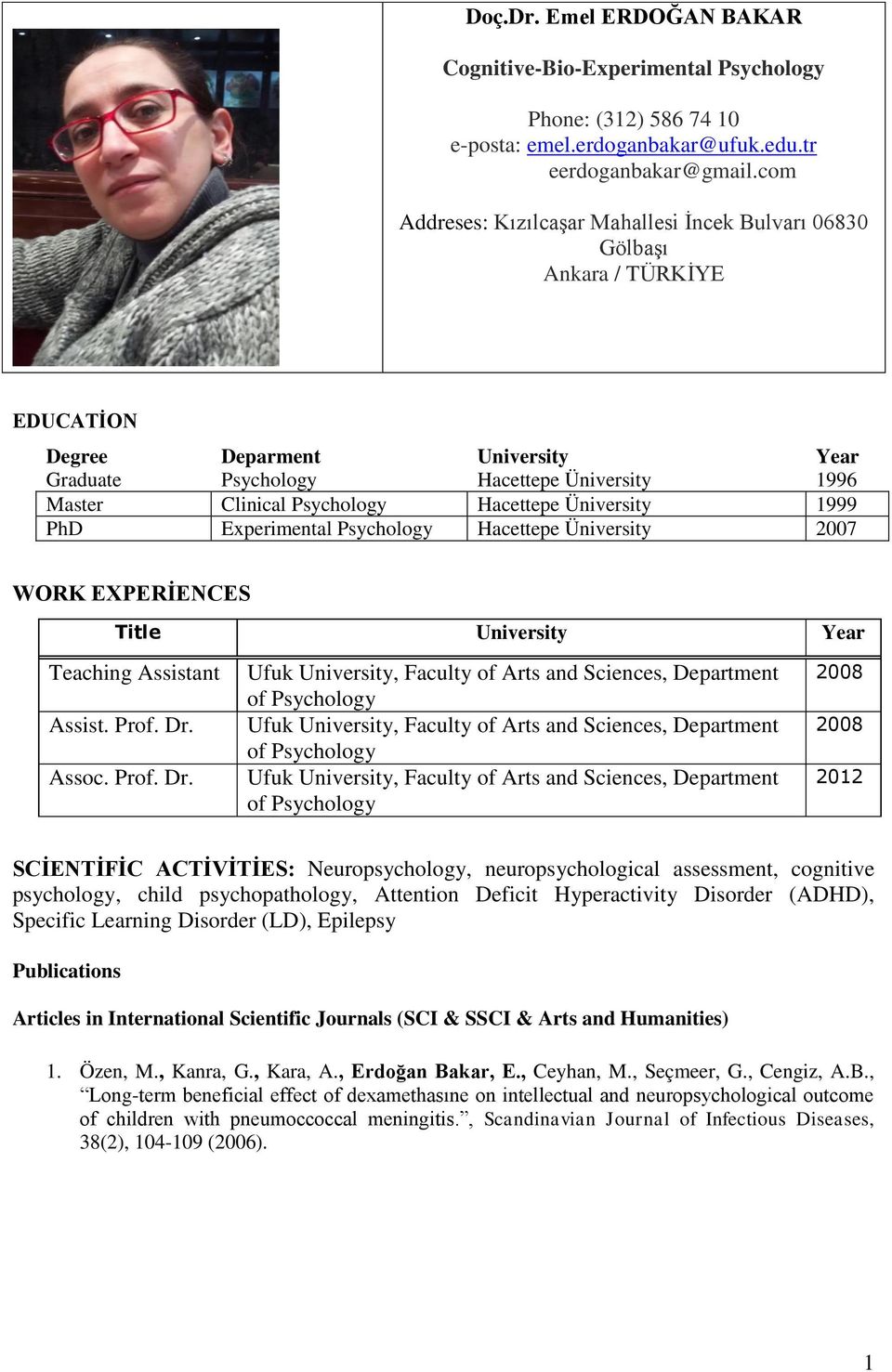 Hacettepe Üniversity 1999 PhD Experimental Psychology Hacettepe Üniversity 2007 WORK EXPERİENCES Title University Year Teaching Assistant Assist. Prof. Dr.