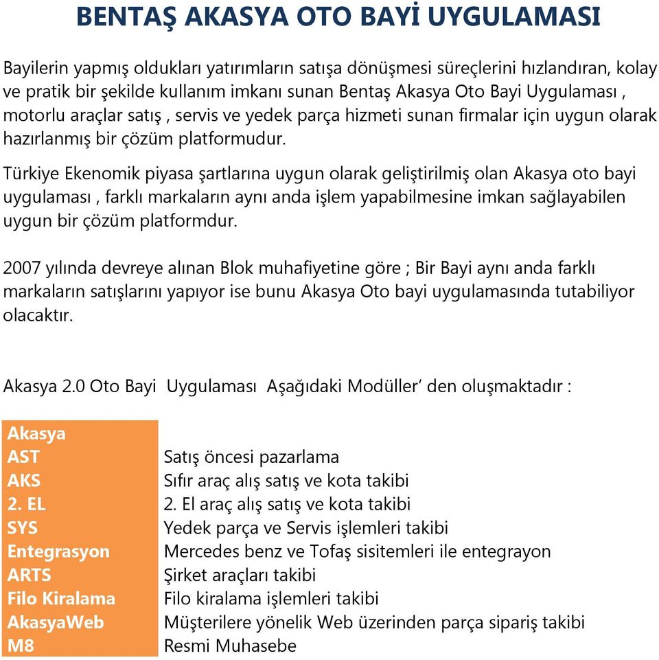 Türkiye Ekenomik piyasa şartlarına uygun olarak geliştirilmiş olan Akasya oto bayi uygulaması, farklı markaların aynı anda işlem yapabilmesine imkan sağlayabilen uygun bir çözüm platformdur.