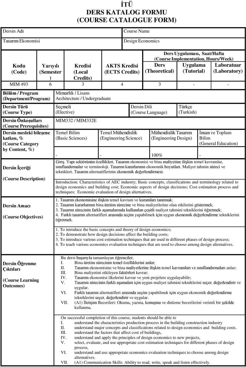 Type) Dersin Önkoşulları (Course Prerequisites) Dersin mesleki bileşene katkısı, % (Course Category by Content, %) Dersin İçeriği (Course Description) Dersin Amacı (Course Objectives) Mimarlık /
