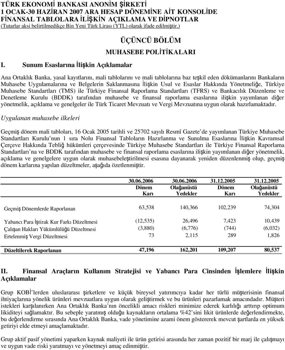 Düzenleme ve Denetleme Kurulu (BDDK) tarafından muhasebe ve finansal raporlama esaslarına ilişkin yayımlanan diğer yönetmelik, açıklama ve genelgeler ile Türk Ticaret Mevzuat ı ve Vergi Mevzuatına