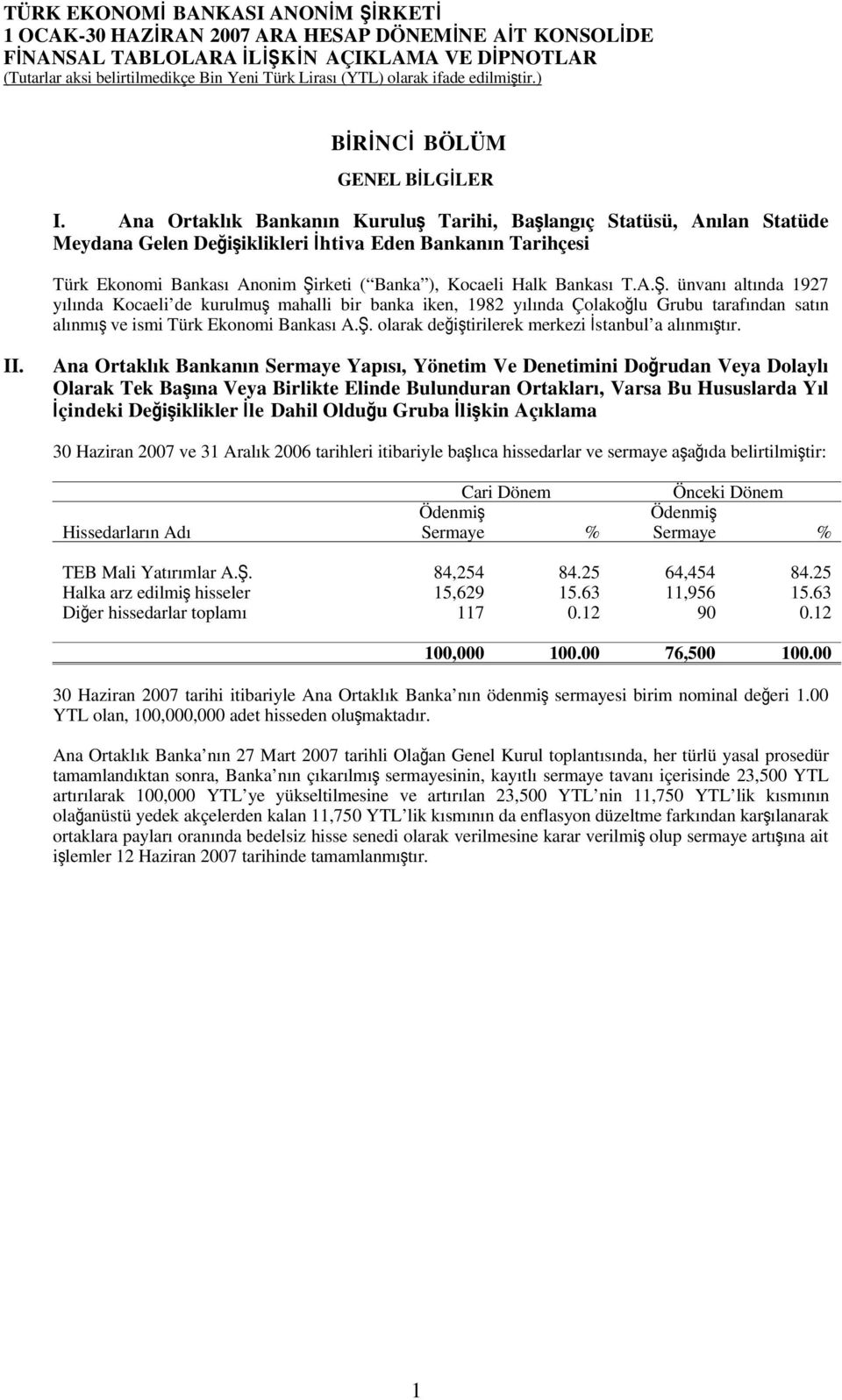 Bankas ı T.A. Ş. ünvan ı altında 1927 yılında Kocaeli de kurulmu ş mahalli bir banka iken, 1982 yılında Çolakoğlu Grubu tarafından satın alınm ış ve ismi Türk Ekonomi Bankas ı A. Ş. olarak değiştirilerek merkezi İstanbul a alınmıştır.