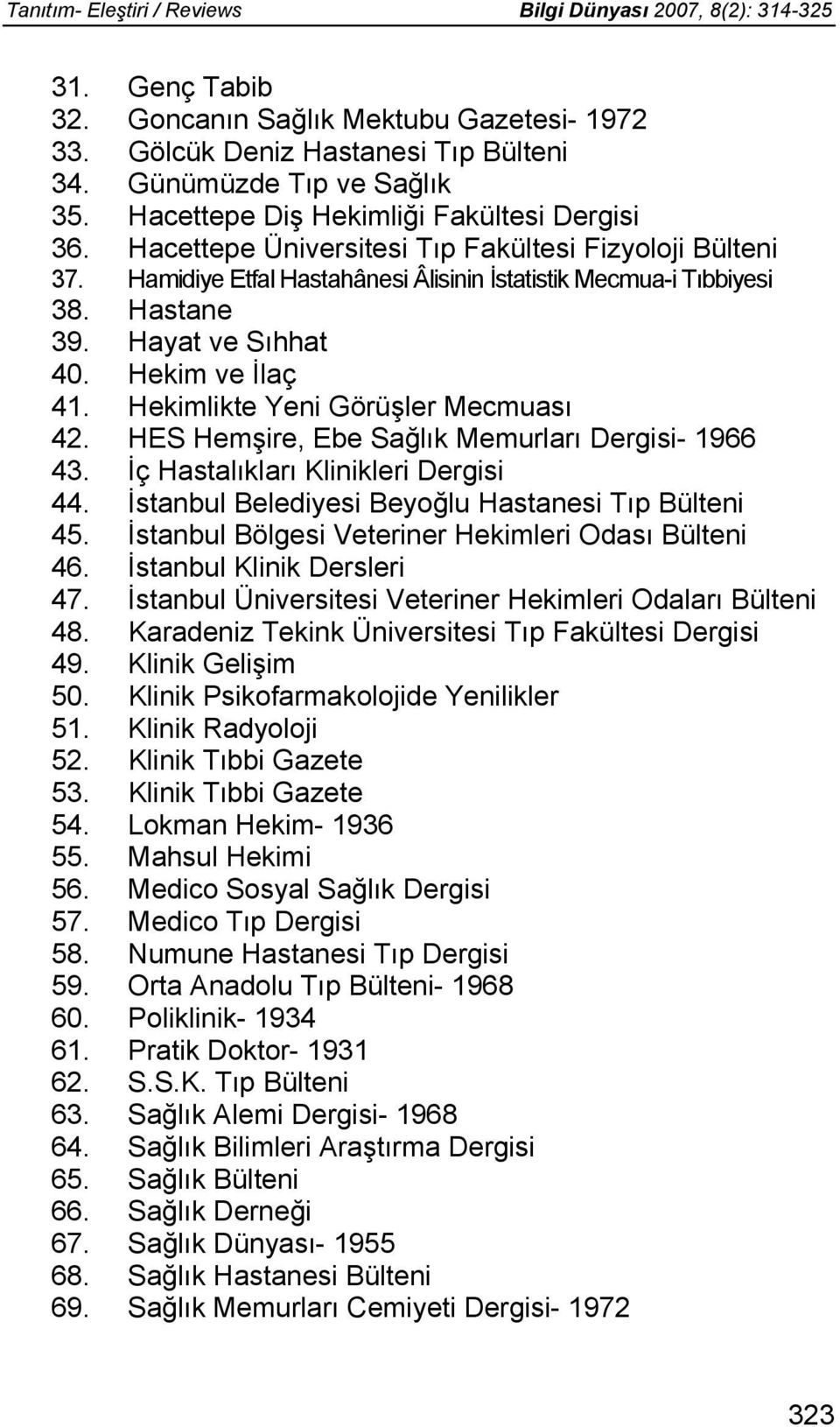 Hayat ve Sıhhat 40. Hekim ve İlaç 41. Hekimlikte Yeni Görüşler Mecmuası 42. HES Hemşire, Ebe Sağlık Memurları Dergisi- 1966 43. İç Hastalıkları Klinikleri Dergisi 44.