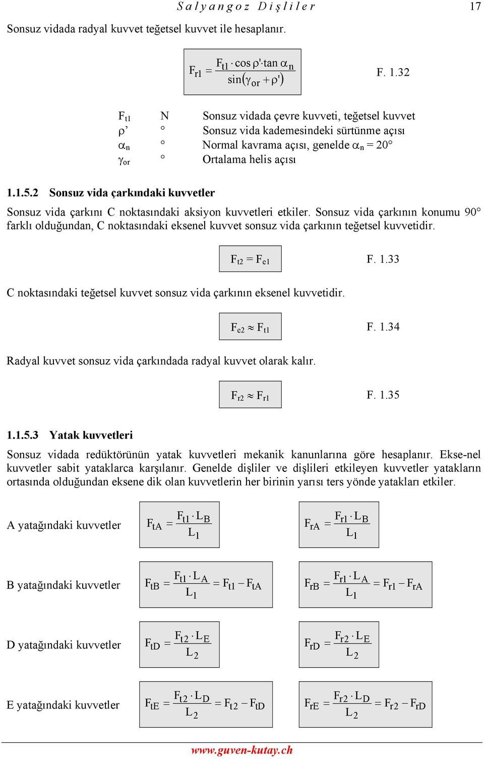 3 sin( γor + ρ' ) F t1 N Sonsuz vidada çevre kuvveti, teğetsel kuvvet ρ Sonsuz vida kademesindeki sürtünme açısı α n Normal kavrama açısı, genelde α n = 0 γ or Ortalama helis açısı 1.1.5.