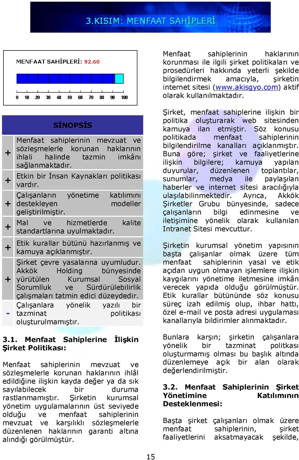 Şirket çevre yasalarına uyumludur. Akkök Holding bünyesinde yürütülen Kurumsal Sosyal Sorumlluk ve Sürdürülebilirlik çalışmaları tatmin edici düzeydedir.