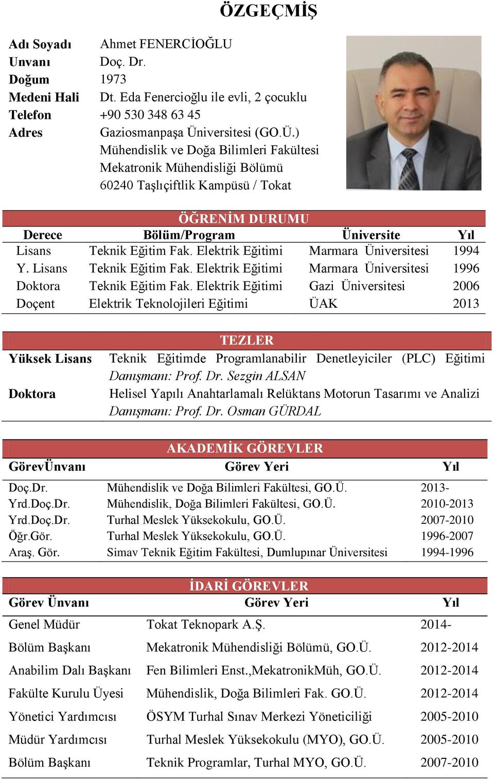 ) Mühendislik ve Doğa Bilimleri Fakültesi Mekatronik Mühendisliği Bölümü 60240 TaĢlıçiftlik Kampüsü / Tokat ÖĞRENĠM DURUMU Derece Bölüm/Program Üniversite Yıl Lisans Teknik Eğitim Fak.