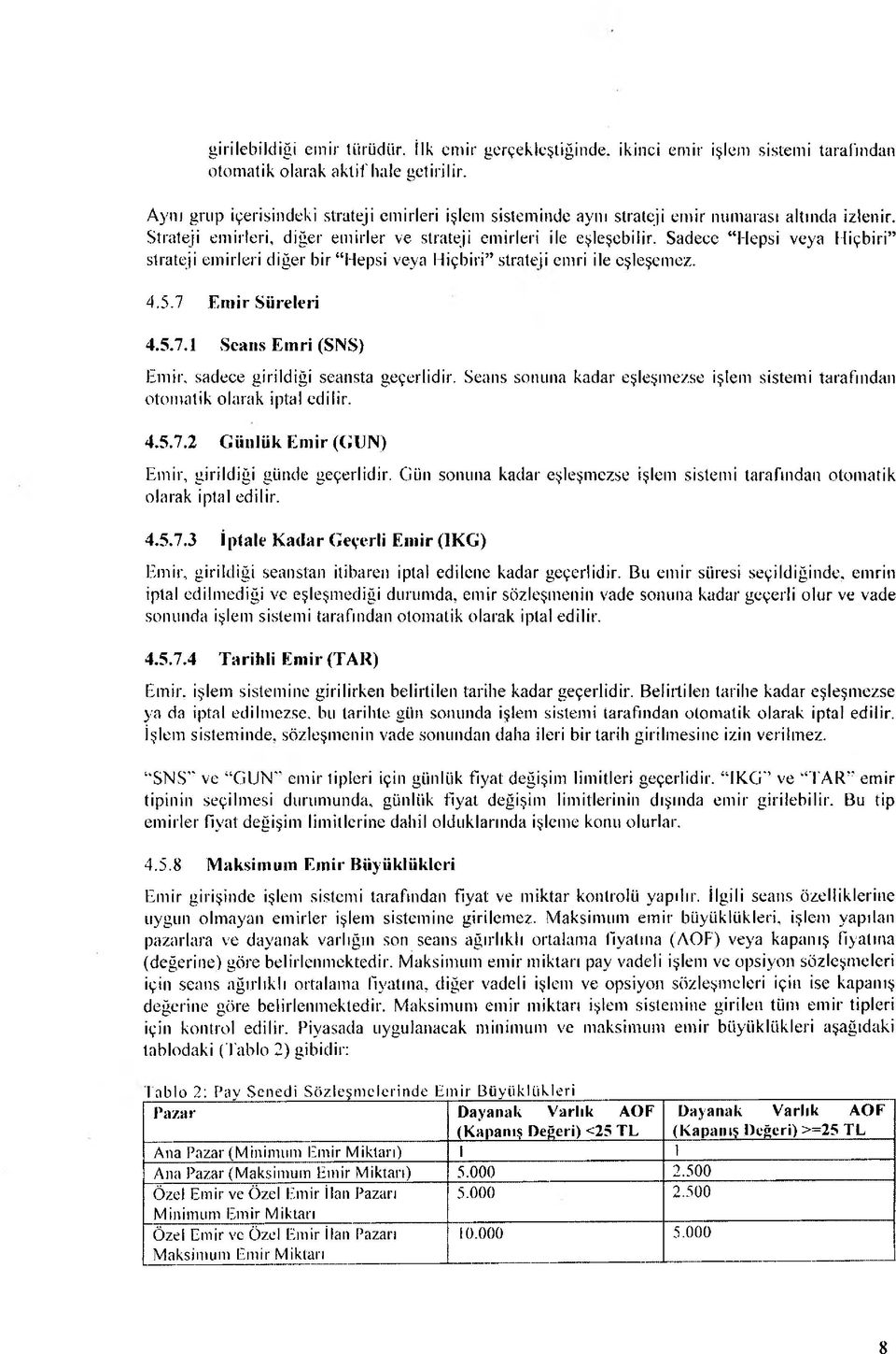 Sadece Hepsi veya Hiçbiri strateji emirleri diğer bir Hepsi veya Hiçbiri strateji emri ile eşleşemez. 4.5.7 Emir Süreleri 4.5.7.1 Seans Emri (SNS) Emir, sadece girildiği seansta geçerlidir.