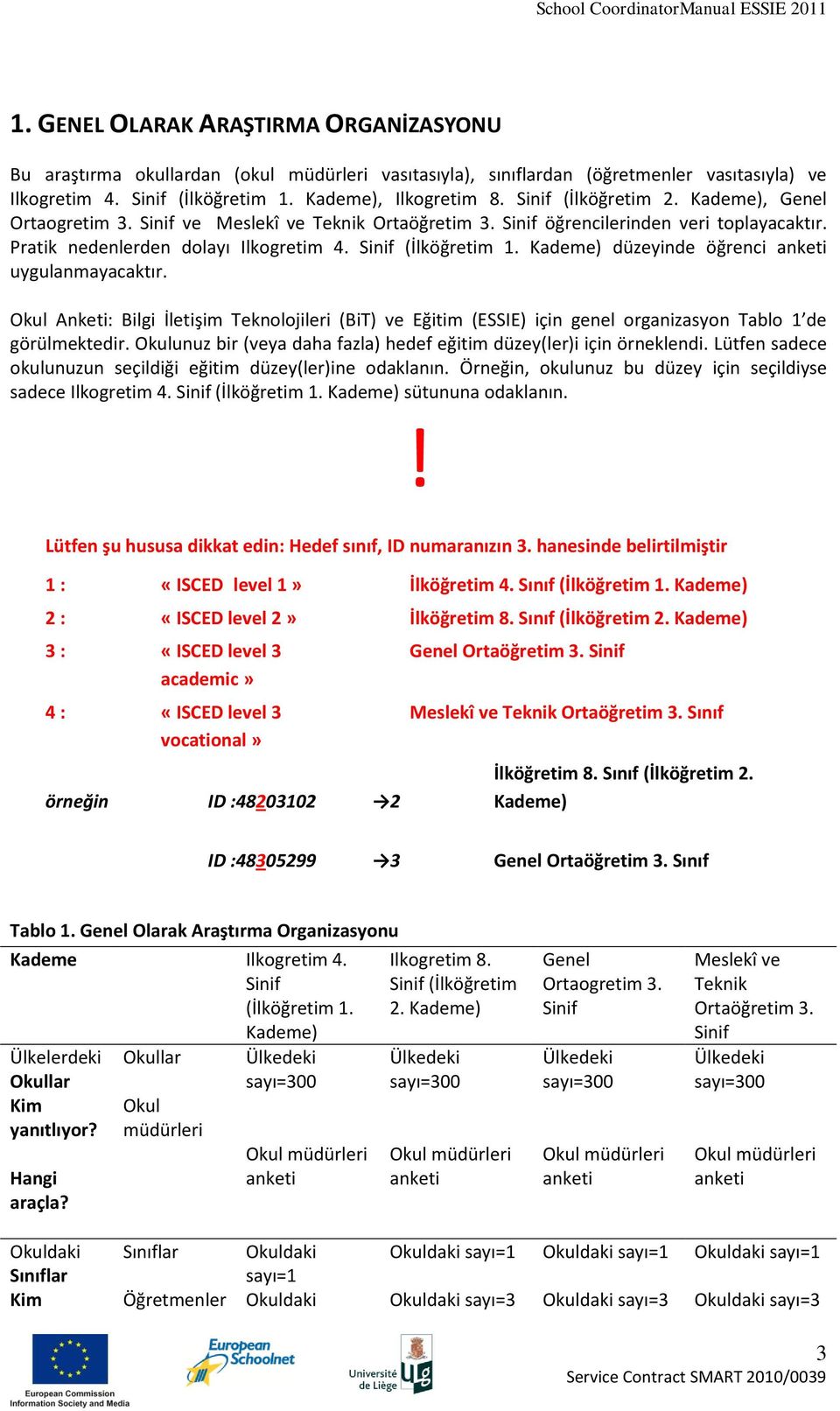 Kademe) düzeyinde öğrenci anketi uygulanmayacaktır. Okul Anketi: Bilgi İletişim Teknolojileri (BiT) ve Eğitim (ESSIE) için genel organizasyon Tablo 1 de görülmektedir.