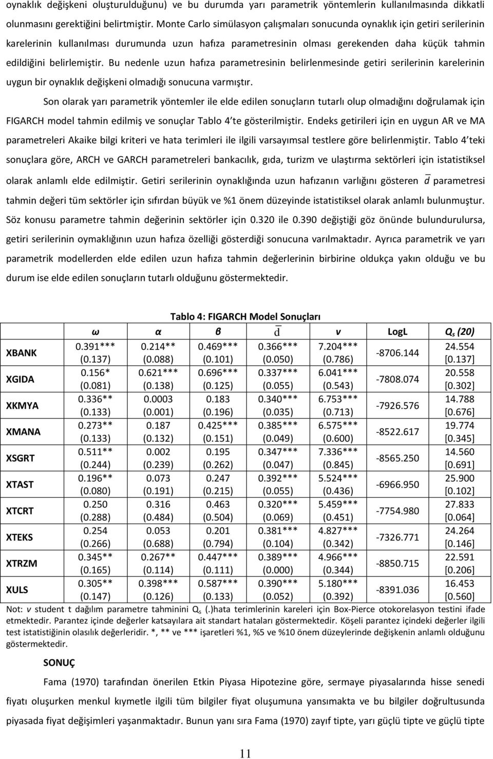 Bu nedenle uzun hafıza paraetresinin belirlenesinde getiri serilerinin karelerinin uygun bir oynaklık değişkeni oladığı sonucuna varıştır.