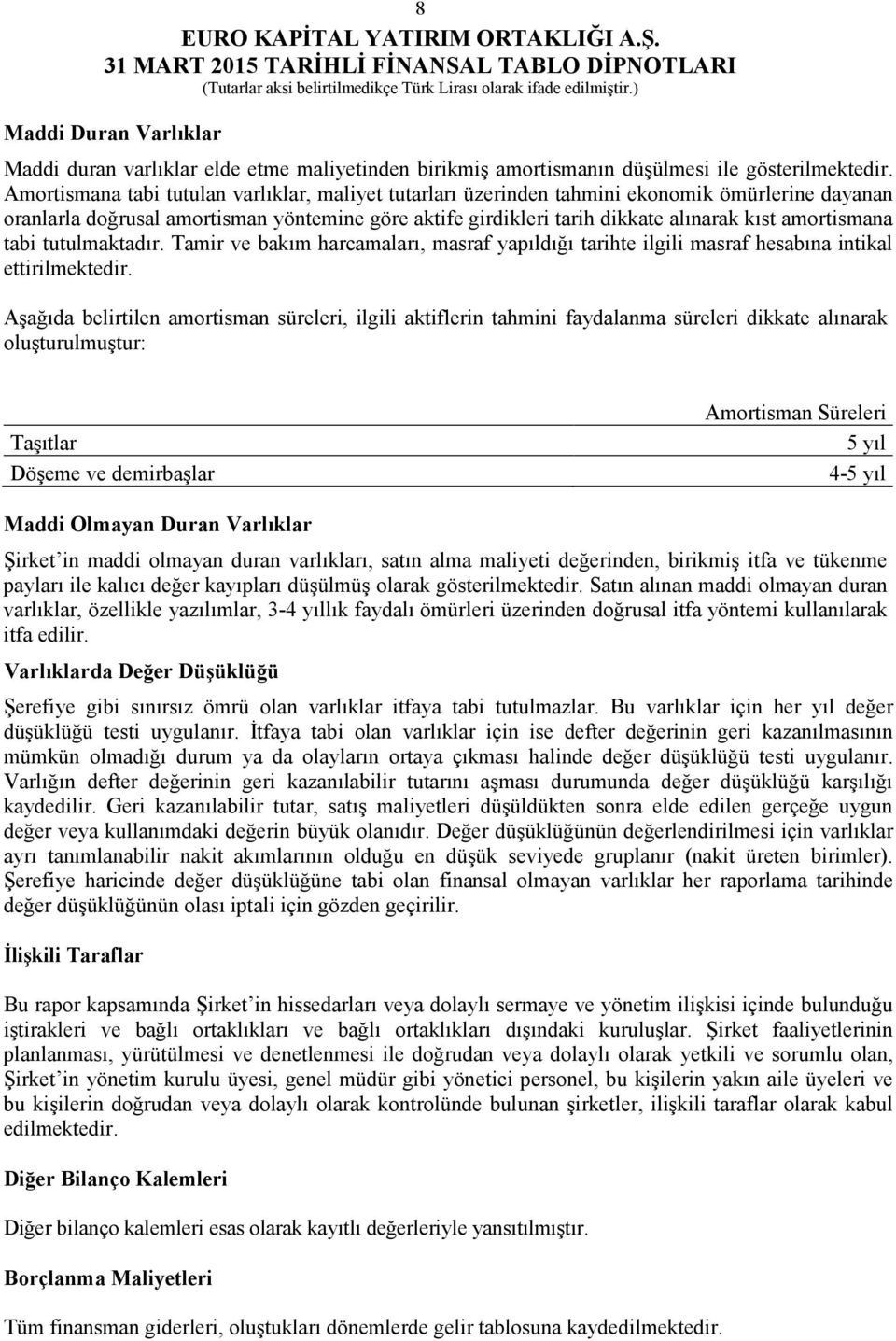 amortismana tabi tutulmaktadır. Tamir ve bakım harcamaları, masraf yapıldığı tarihte ilgili masraf hesabına intikal ettirilmektedir.