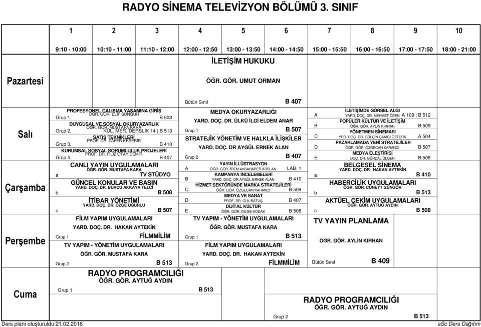 KURUMSL SOSYL SORUMLULUK PROJLRİ PROF. R. FİLİZ OTY MİR Grup. NLI YYIN UYGULMLRI TV STÜYO GÜNL KONULR V SIN YR. OÇ. R. URU KKY TLİ İTİR YÖNTİMİ YR. OÇ. R. ÖZG UĞURLU FİLM YPIM UYGULMLRI YR. OÇ. R. HKN YTKİN 0 FİLMMİLİM TV YPIM - YÖNTİM UYGULMLRI RYO PROGRMILIĞI ÖĞR.