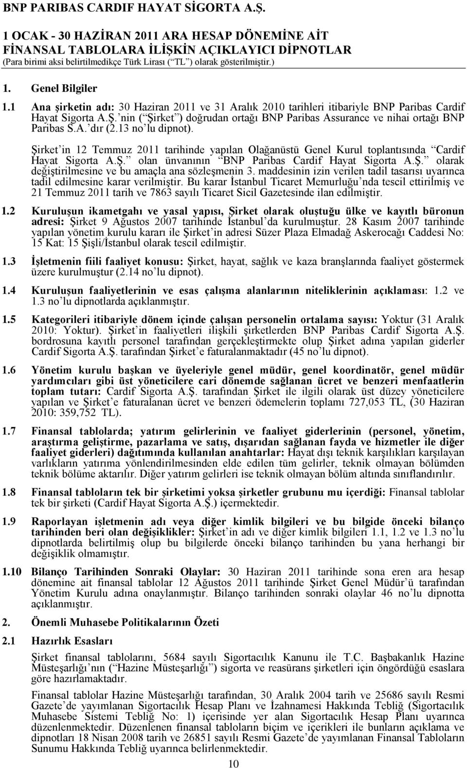 Şirket in 12 Temmuz 2011 tarihinde yapılan Olağanüstü Genel Kurul toplantısında Cardif Hayat Sigorta A.Ş. olan ünvanının BNP Paribas Cardif Hayat Sigorta A.Ş. olarak değiştirilmesine ve bu amaçla ana sözleşmenin 3.