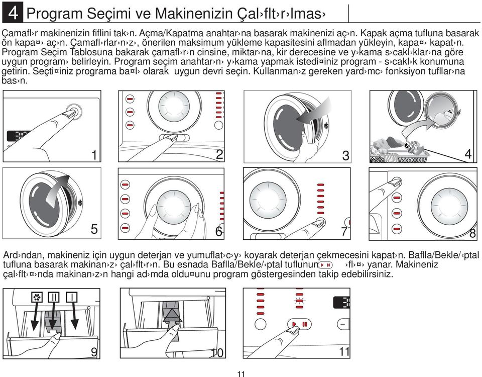 Program Seçim Tablosuna bakarak çamafl r n cinsine, miktar na, kir derecesine ve y kama s cakl klar na göre uygun program belirleyin.