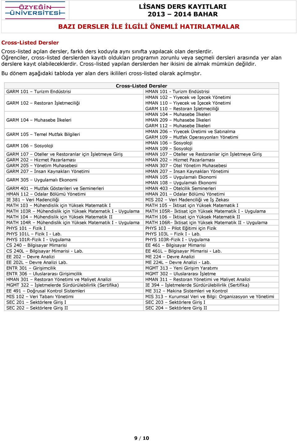 Cross-listed yapılan derslerden her ikisini de almak mümkün değildir. Bu dönem aşağıdaki tabloda yer alan ders ikilileri cross-listed olarak açılmıştır.