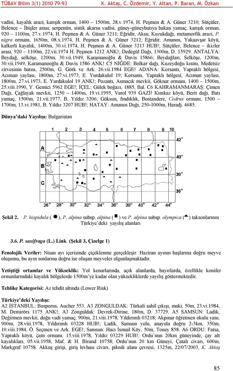 Güner 3211; Eğridir, Aksu, Kuzukdağı, metamorfik arazi, P. nigra ormanı, 1650m, 08.x.1974, H. Peşmen & A. Güner 3212; Eğridir, Amanos, Yakaavşar köyü, kalkerli kayalık, 1400m, 30.vi.1974, H. Peşmen & A. Güner 3213 HUB!