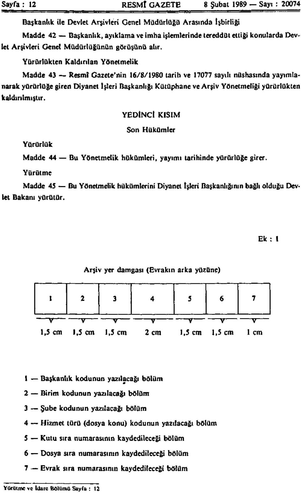 Yürürlükten Kaldırılan Yönetmelik Madde 43 Resmî Gazete'nin 16/8/1980 tarih ve 17077 sayılı nüshasında yayımlanarak yürürlüğe giren Diyanet İşleri Başkanlığı Kütüphane ve Arşiv Yönetmeliği