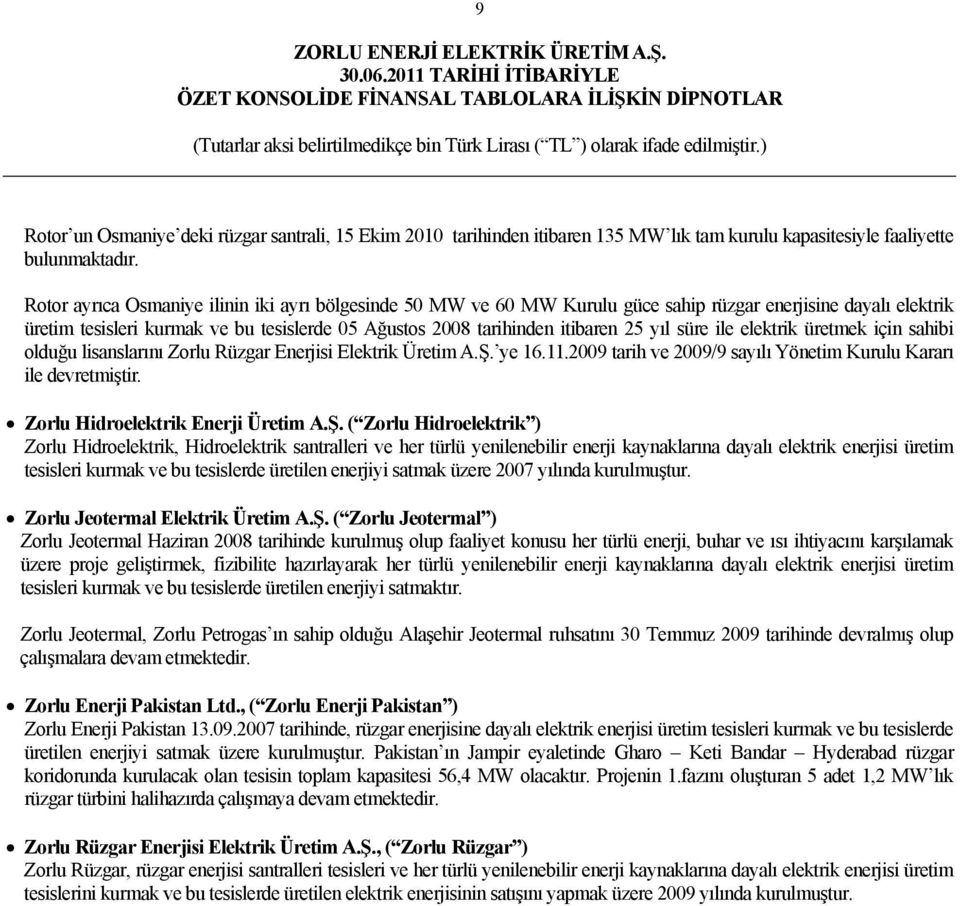 süre ile elektrik üretmek için sahibi olduğu lisanslarını Zorlu Rüzgar Enerjisi Elektrik Üretim A.Ş. ye 16.11.2009 tarih ve 2009/9 sayılı Yönetim Kurulu Kararı ile devretmiştir.