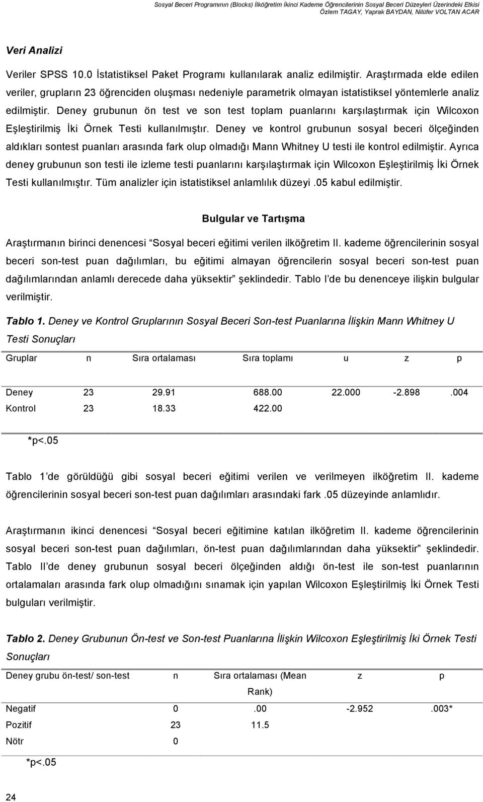 Araştırmada elde edilen veriler, grupların 23 öğrenciden oluşması nedeniyle parametrik olmayan istatistiksel yöntemlerle analiz edilmiştir.