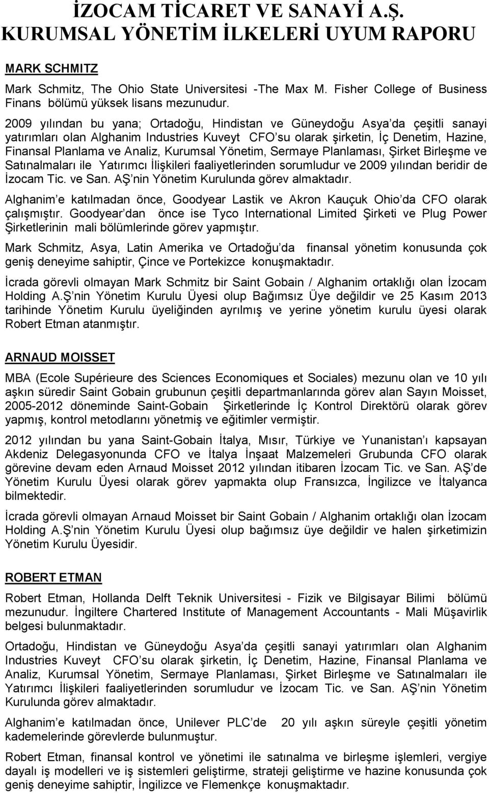 Kurumsal Yönetim, Sermaye Planlaması, Şirket Birleşme ve Satınalmaları ile Yatırımcı İlişkileri faaliyetlerinden sorumludur ve 2009 yılından beridir de İzocam Tic. ve San.