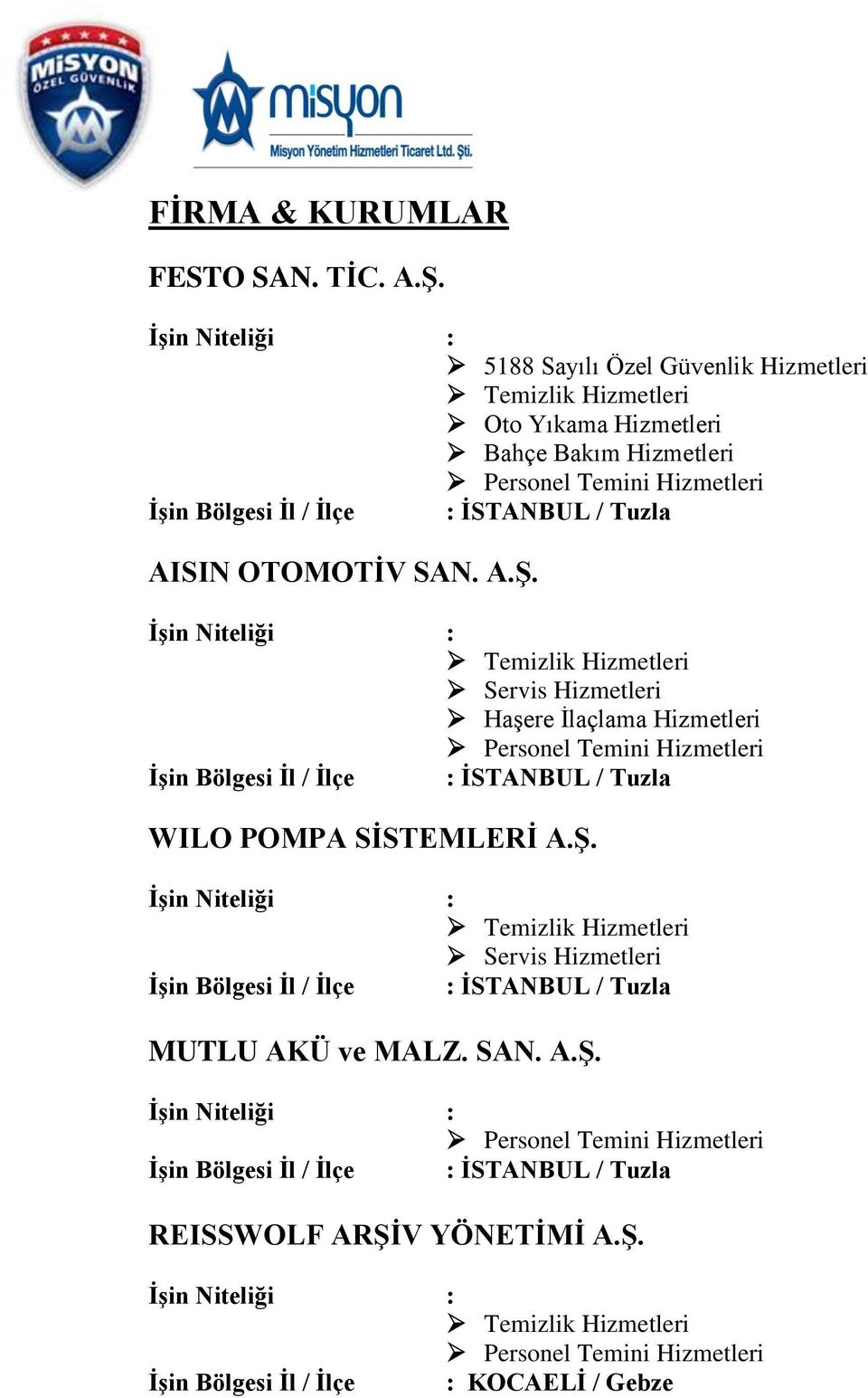 Servis Hizmetleri Haşere İlaçlama Hizmetleri Personel Temini Hizmetleri İşin Bölgesi İl / İlçe : İSTANBUL / Tuzla WILO POMPA SİSTEMLERİ A.Ş.