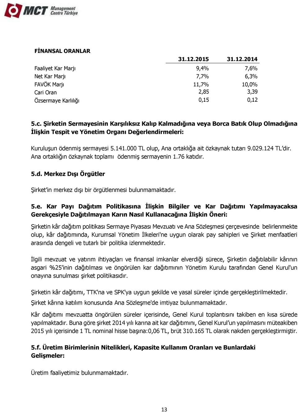 000 TL olup, Ana ortaklığa ait özkaynak tutarı 9.029.124 TL dir. Ana ortaklığın özkaynak toplamı ödenmiş sermayenin 1.76 katıdır. 5.d. Merkez Dışı Örgütler Şirket in merkez dışı bir örgütlenmesi bulunmamaktadır.