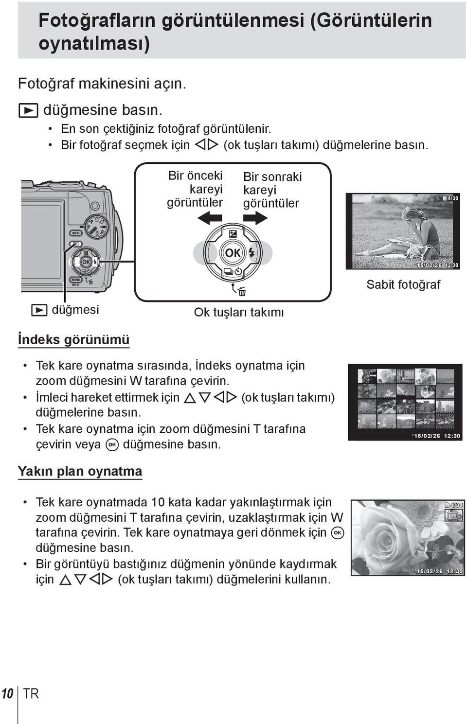 Bir önceki kareyi görüntüler Bir sonraki kareyi görüntüler 4/30 15/02/26 12:30 Sabit fotoğraf q düğmesi Ok tuşları takımı İndeks görünümü Tek kare oynatma sırasında, İndeks oynatma için zoom