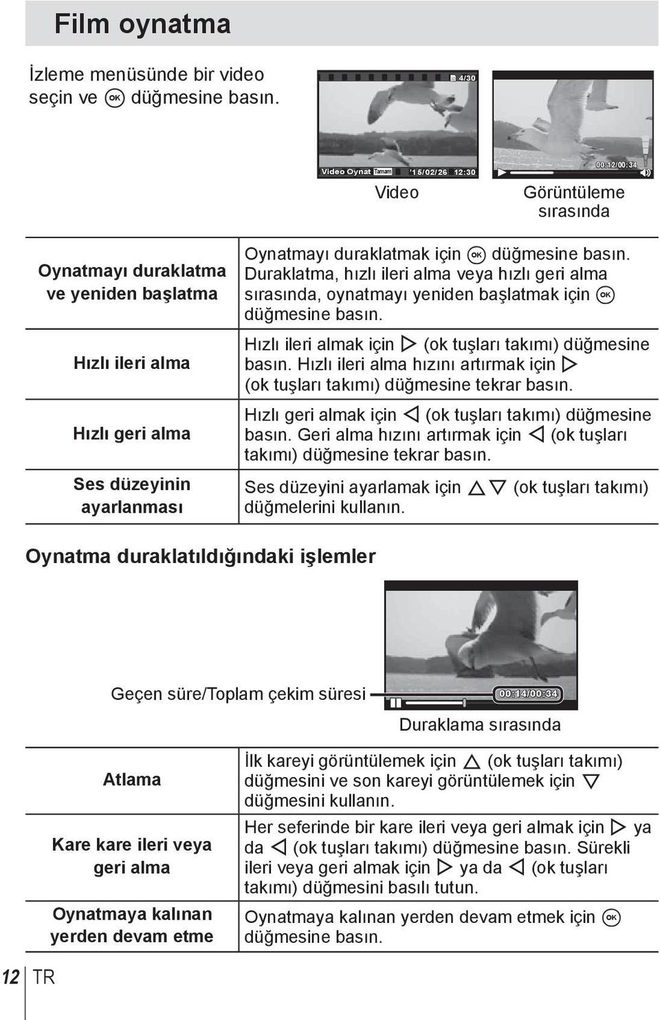 için A düğmesine basın. Duraklatma, hızlı ileri alma veya hızlı geri alma sırasında, oynatmayı yeniden başlatmak için A düğmesine basın. Hızlı ileri almak için I (ok tuşları takımı) düğmesine basın.