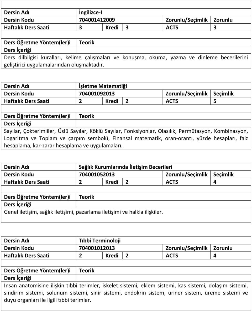 İşletme Matematiği Dersin Kodu 704001092013 Zorunlu/Seçimlik Seçimlik Haftalık Ders Saati 2 Kredi 2 ACTS 5 Sayılar, Çokterimliler, Üslü Sayılar, Köklü Sayılar, Fonksiyonlar, Olasılık, Permütasyon,