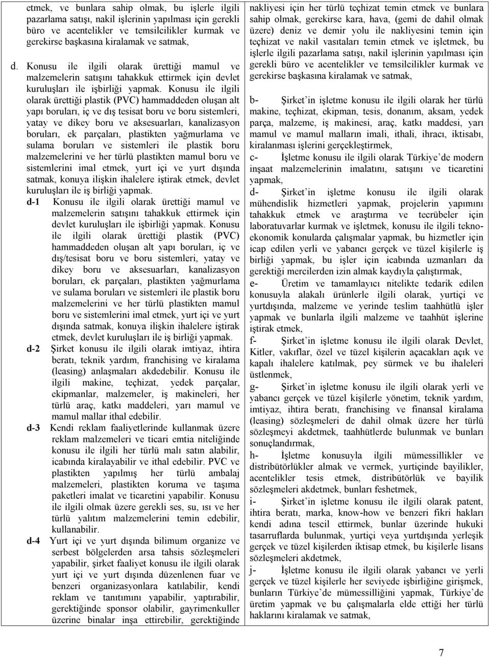 Konusu ile ilgili olarak ürettiği plastik (PVC) hammaddeden oluşan alt yapı boruları, iç ve dış tesisat boru ve boru sistemleri, yatay ve dikey boru ve aksesuarları, kanalizasyon boruları, ek