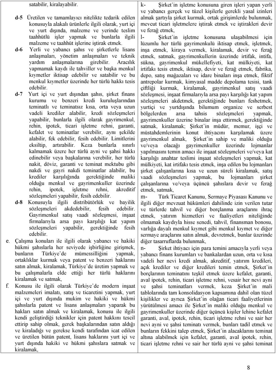 ve taahhüt işlerine iştirak etmek. d-6 Yerli ve yabancı şahıs ve şirketlerle lisans anlaşmaları, yönetim anlaşmaları ve teknik yardım anlaşmalarına girebilir.